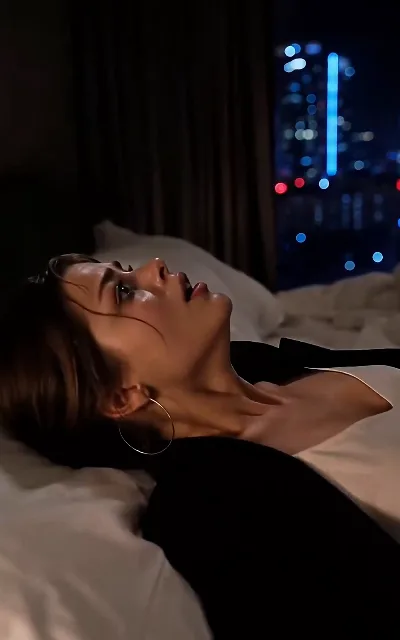 The night scene — soaked from the rain, she lies back staring at the ceiling, running the day back (ep6)