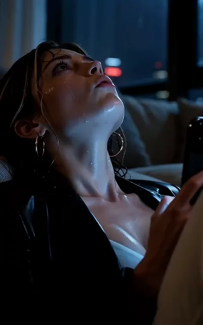 Rain-soaked and back inside — on the sofa under the city-lit window, phone still in hand (ep7)
