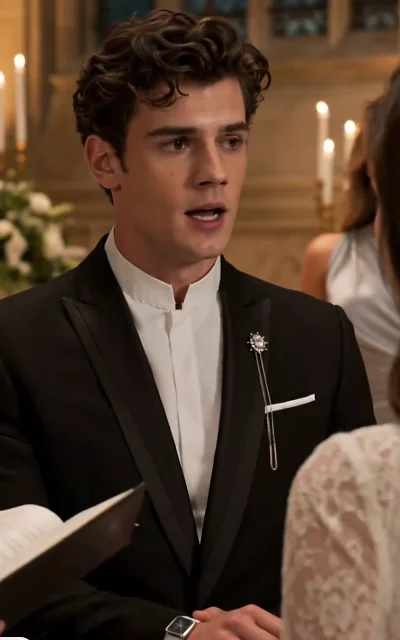 Episode 1 frame: Alex in formal black attire with a star-shaped diamond brooch — the ex-fiancé visual anchor