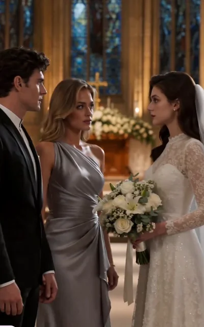 Episode 1 frame: the wedding confrontation triangle — Alex facing Samantha while Emily looks back in disbelief, HERO frame