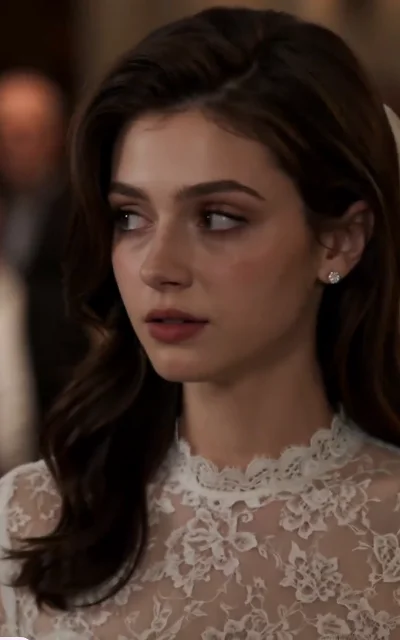 Episode 1 frame: Emily in a lace-collar long-sleeve wedding gown, the bridal visual line anchor