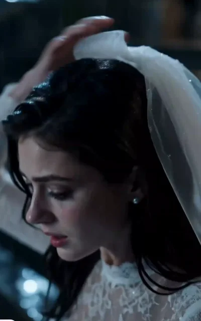 Episode 1 frame: Emily in veil, side-profile close-up — the jilted bride aftermath