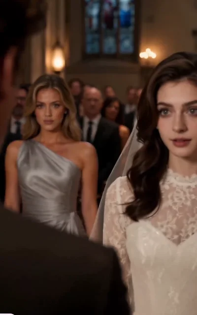 Episode 1 frame: Emily in a bridal gown at the altar, the wedding ceremony opening — the jilted-bride thesis scene