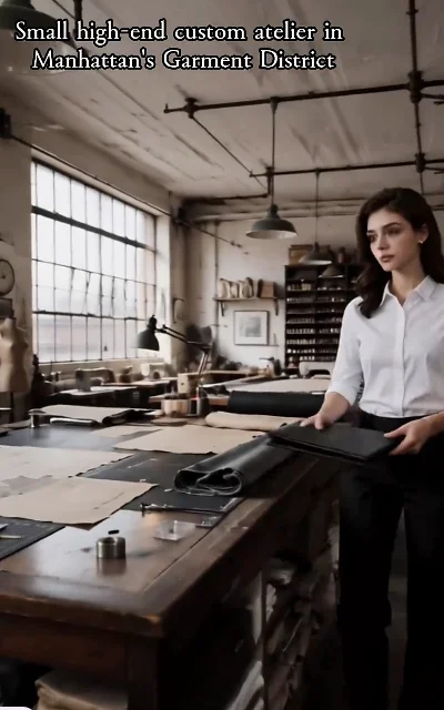 Episode 2 frame: a small high-end custom atelier interior — the Manhattan workshop scene card, as aired