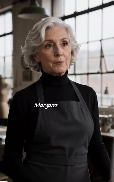 Episode 2 frame: Margaret in a dark charcoal work apron with 'Margaret' embroidered on the chest — the workshop elder nameplate frame