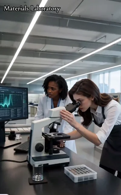 Episode 2 frame: material laboratory with fabric samples and measuring tools — the tech-fashion workshop atmosphere