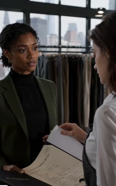 Episode 2 frame: a woman in olive-green formal wear with gold hoop earrings — the ally visual line, as aired