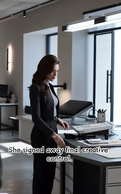 Episode 3 frame: Emily at a desk, 'She signed away final creative control.' — subtitles as aired, business-intrigue line