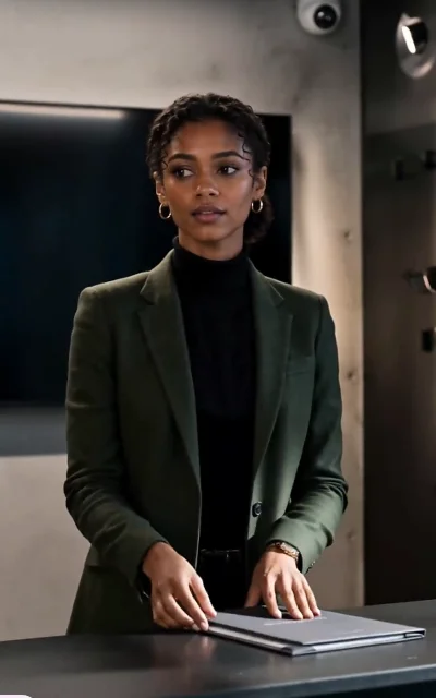 Episode 3 frame: the olive-green suit ally in an office setting — the business-alliance atmosphere