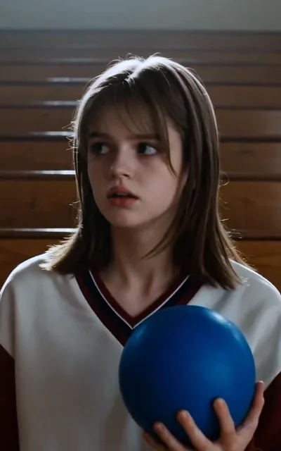 The gym-hall opener — Zoe steadies a blue dodgeball mid-game, caught off guard a heartbeat before her first comeback line