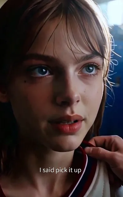 'I said pick it up' — the mistress grips Zoe's chin in the corridor; the humiliation that gets answered, not absorbed