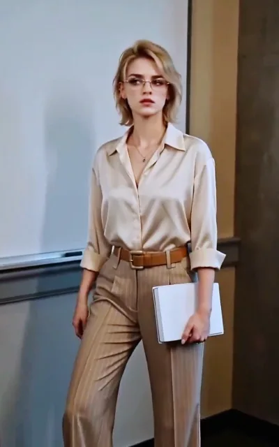 The mistress in city-fit armor — fitted blazer, gold-rimmed glasses, taking the hallway war upscale