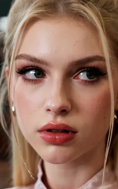 A close-up of the mistress mid-recalibration — the polished act slipping as Zoe keeps winning