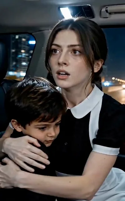 Episode 5 frame: a fragile truce — the three of them in the car, two worlds forced into one