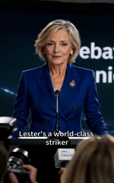 Episode 1 frame: Lester introduced at the press conference — "Lester's a world-class striker" — the moment that establishes his dominance