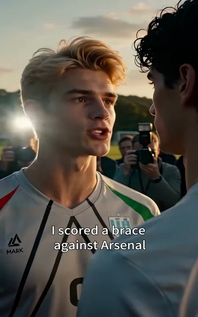 Episode 3 frame: rivalry banter post-match — "I scored a brace against Arsenal" — the competitive edge that masks deeper tension