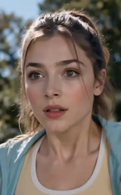 The double take — close-up of the young woman with a dark high ponytail, eyes wide in open surprise, outdoors with soft greenery behind (ep1; atmosphere beat — reaction frame)