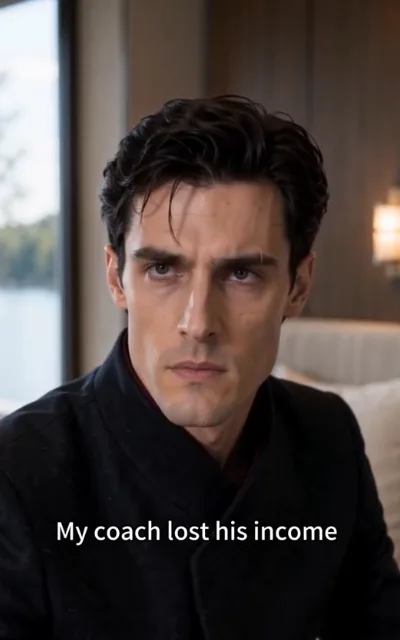 The man on the sofa — the male lead in a black stand-collar suit seated on a sofa before a full-height window, jaw set, the caption My coach lost his income beneath (ep2; subtitles as aired — avatar source frame, avatar_ashford crop (60,20,360,620))