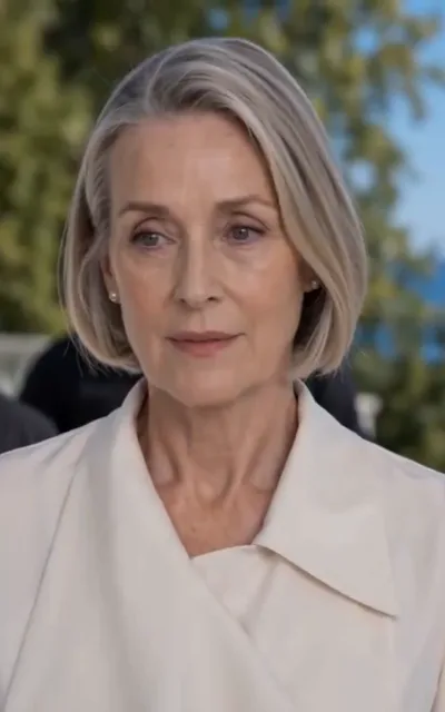 The silver-haired employer — a woman in her sixties with a silver bob and pearl earrings in an ivory turn-collar blouse, seated indoors, composed and appraising (ep2; atmosphere beat — hiring-side frame, unnamed)