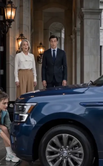 The porch standoff — at a classical columned porch with a deep-blue SUV parked beyond, the young woman crouched low at the steps while a shocked silver-haired woman and a man in a dark suit stand over her (ep2; atmosphere beat — confrontation frame)