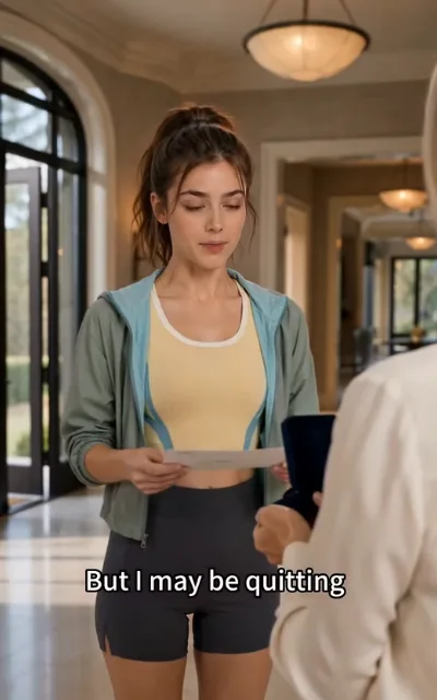 The paperwork — the young woman with a dark high ponytail studying a slip of paper in a front hall, a figure seen from behind near a jewelry box beyond, the caption But I may be quitting beneath (ep3; subtitles as aired)