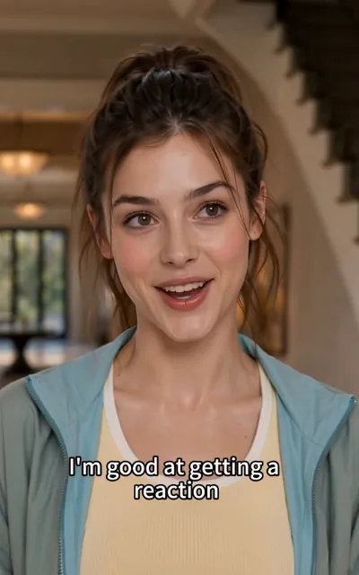 The spark — the young woman with a dark high ponytail flashing a playful smile on a staircase, one hand on the rail, the caption I'm good at getting a reaction beneath (ep3; subtitles as aired — avatar source frame, avatar_female crop (60,20,360,620))