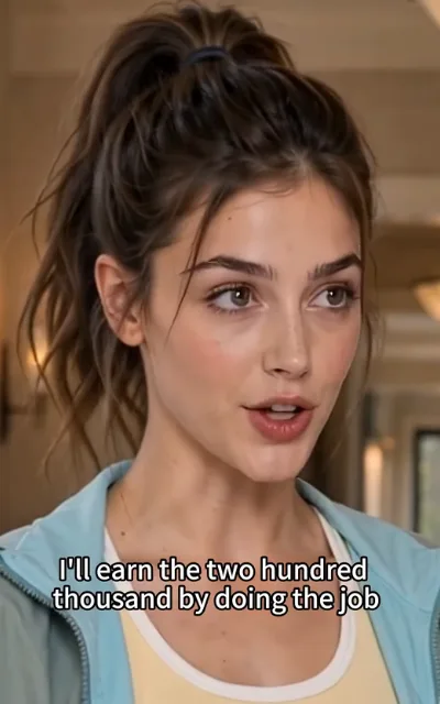 The terms — the young woman speaking with quiet certainty, chin level, indoors in soft daylight, the caption I'll earn the two hundred thousand by doing the job beneath (ep4; subtitles as aired — the hiring-line key frame)