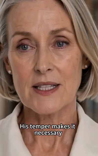 The silver-haired verdict — a woman with pale golden-grey hair and pearl earrings delivering a measured, unsmiling line, the caption His temper makes it necessary beneath (ep4; subtitles as aired — hiring-side frame, unnamed)
