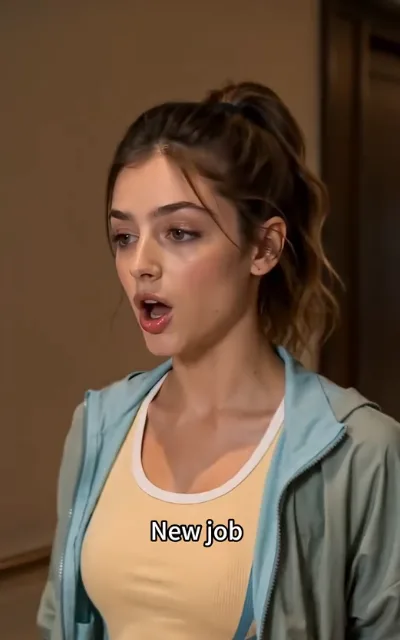 The notification — the young woman in plain surprise as bold text reads New job across the screen (ep4; on-screen caption as aired — non-quote caption frame)