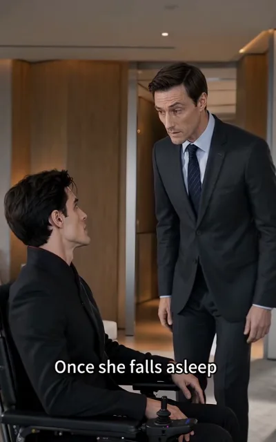 The plan — the male lead seated in the wheelchair in a black suit while a man in a grey suit leans in over him, both in quiet conference, the caption Once she falls asleep beneath (ep5; subtitles as aired; wheelchair-context frame as aired, not amplified)