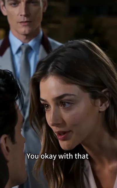 The check-in — the young woman in conversation with a dark-curled man, a man in a wine-red collared suit blurred in the background, the caption You okay with that across the screen (ep7; on-screen caption as aired — non-quote caption frame)