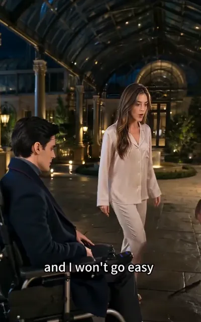 The glass arcade — in a mansion's glass-roofed arcade at night, the male lead in a navy suit seated in the wheelchair facing the young woman in open confrontation, the caption and I won't go easy beneath (ep7; subtitles as aired; wheelchair-context frame as aired, not amplified)