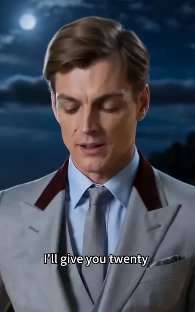 The offer — a man with light golden-brown hair in a wine-red collared suit against a night sky and moon, the caption I'll give you twenty across the screen (ep7; on-screen caption as aired — non-quote caption frame, unnamed)