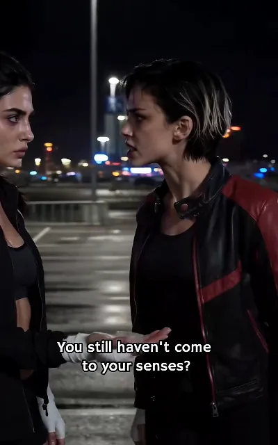 "You still haven't come to your senses?" — the night parking lot after the confession, the city lights spread out behind (ep2, subtitles as aired)