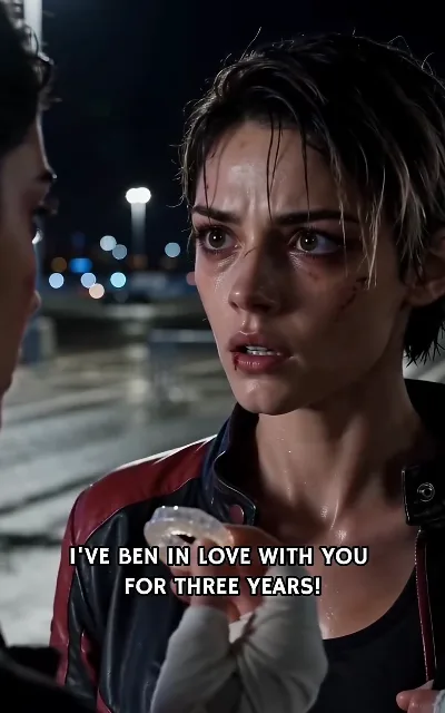 "I'VE BEN IN LOVE WITH YOU FOR THREE YEARS!" — the tunnel confession, the leather jacket caught mid-shock (ep2, subtitles as aired (sic) — platform spelling kept as-is)