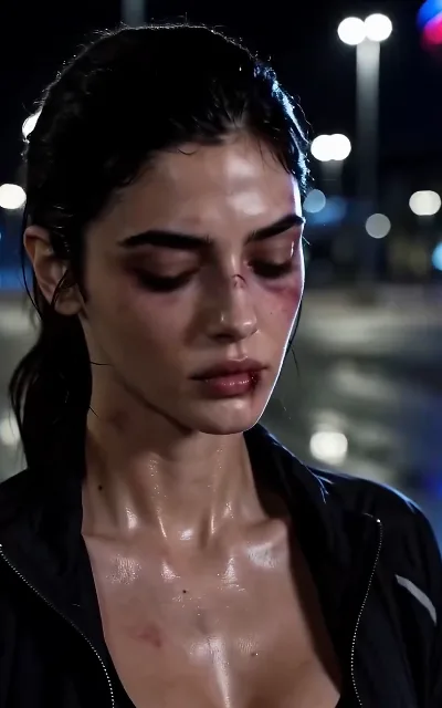 The night street after the fight — lamplight halos over a battle-worn face, the injury carried as weight, not spectacle (ep2)