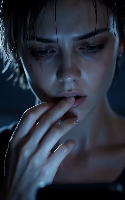 Eyes down, hand to her lip — the fragility under the fighter, the quietest frame of the series (ep4)