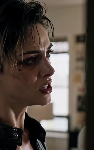 Half a face in the leather jacket — sweat-damp hair, war paint smudged, the tension of the one who can't say it yet (ep4)