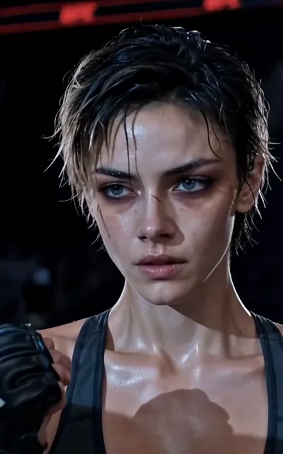 The champion's face — platinum streaks, eyes forward, the one who learned to lose the right match (ep5)