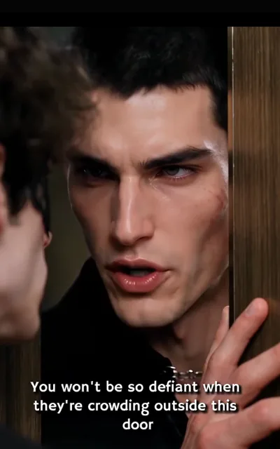 Dante at the door — dark crop, silver chain at the throat, a scrape on the cheekbone, one hand flat on the wood — “You won’t be so defiant when they’re crowding outside this door” (ep1; subtitles as aired; coercion register kept at line level, not amplified)
