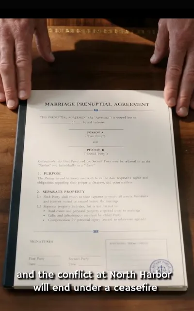 The prenup pressed flat — both palms on the marriage pre-nuptial agreement, PERSON A and PERSON B blanks unfilled, notary seal at the corner — “and the conflict at North Harbor will end under a ceasefire” (ep2; subtitles as aired; TRUNCATED conjunction-opening line as aired, no completion supplied)