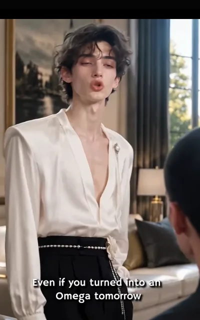 Elias in ivory satin — deep V, pearl brooch at the lapel, pearl chain at the waist, drawling down at someone off-frame — “Even if you turned into an Omega tomorrow” (ep2; QUOTE TOP, subtitles as aired; ABO-reveal standoff line)