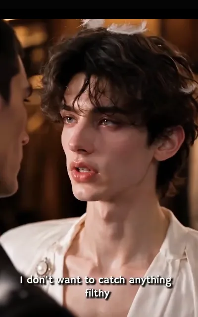 Elias with feathers in his hair — ivory shirt open, eyes rimmed red, chin up anyway — “I don’t want to catch anything filthy” (ep3; subtitles as aired)