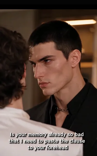 Dante over the clause — black shirt open, silver chain, cold eyes down at the curly head across from him — “Is your memory already so bad that I need to paste the clause to your forehead” (ep4; subtitles as aired; Dante power-anchor frame)