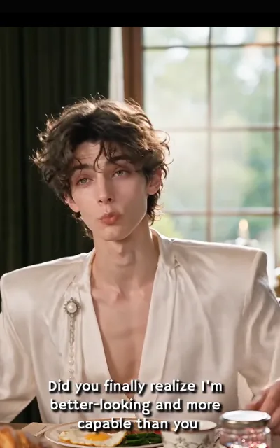Elias at breakfast — ivory satin, big pearl brooch, eggs and asparagus untouched on the plate, the smuggest little pout — “Did you finally realize I’m better-looking and more capable than you” (ep4; subtitles as aired)