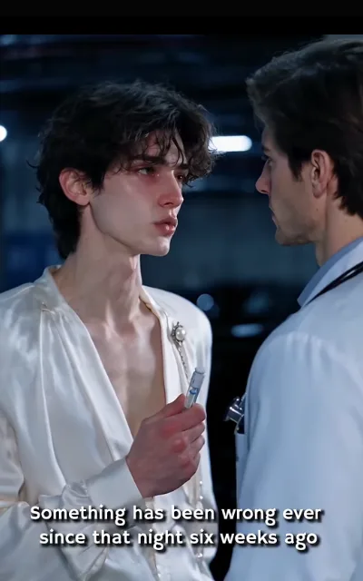 The clinic parking level — Elias holding a small test tube up between them, red-eyed, the doctor in the white coat across from him — “Something has been wrong ever since that night six weeks ago” (ep5; subtitles as aired; mpreg reveal kept fully indirect — tube and consult, nothing graphic)