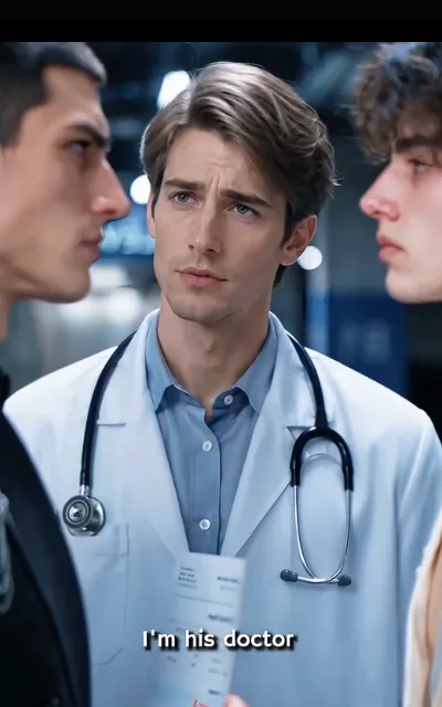 The doctor between them — light-brown curls, white coat, stethoscope, chart in hand, both men in half-profile at the edges — “I’m his doctor” (ep7; subtitles as aired; station dialogue line as aired, internet-meme association NOT amplified)