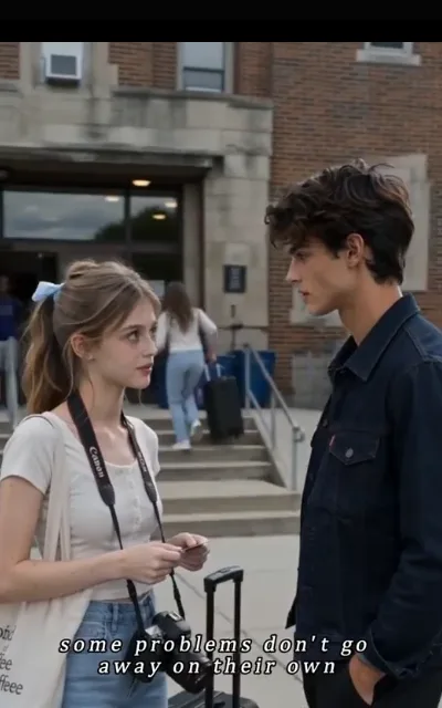 The college reunion on a red-brick campus walk — Piper with her suitcase and camera strap, Grant in a dark denim jacket turning back toward her — "some problems don't go away on their own" (ep1, subtitles as aired)