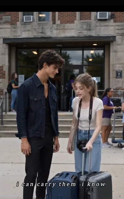 Move-in day at the campus entrance — Grant leaning in to help with the second suitcase while Piper steadies both — "i can carry them i know" (ep2, subtitles as aired)