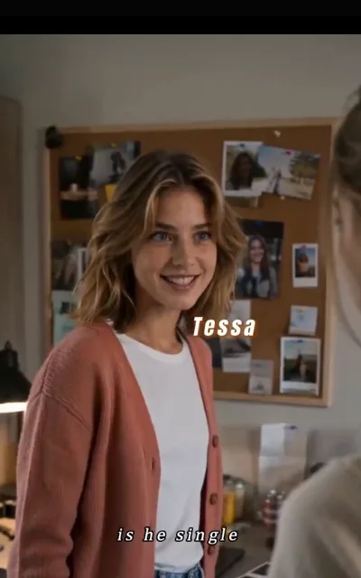 The friend with the question — wavy golden-brown hair, a dusty-pink cardigan, the station’s own label reading "Tessa" beside her — "is he single" (ep2, subtitles as aired; platform annotation as aired — station character label kept as shown, not further anchored)